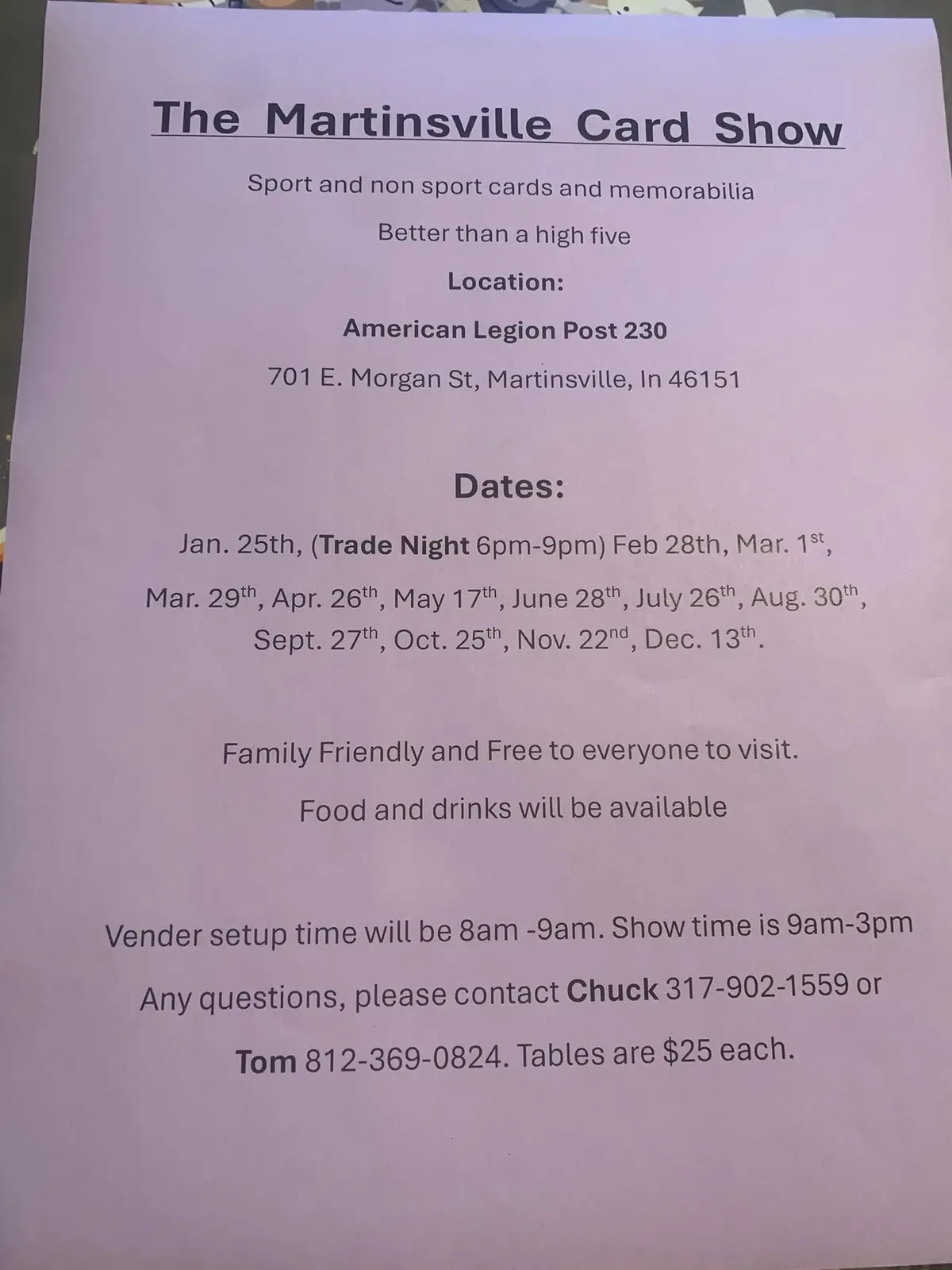 Martinsville Card Show - Sunday, August 30, 2026