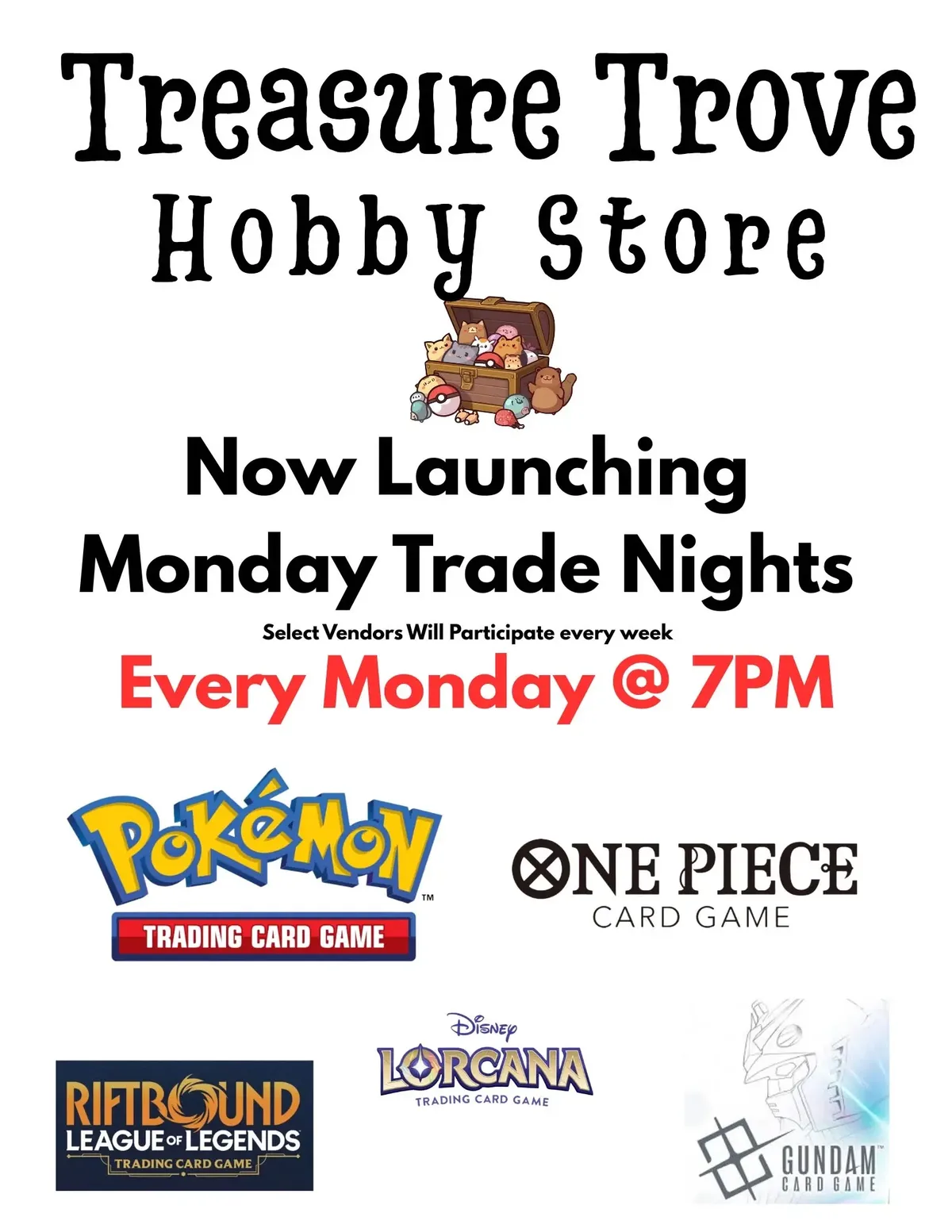 Monday Trade Nights at Treasure Trove Hobby Store (Rotating TCG Vendors) - Monday, August 31, 2026